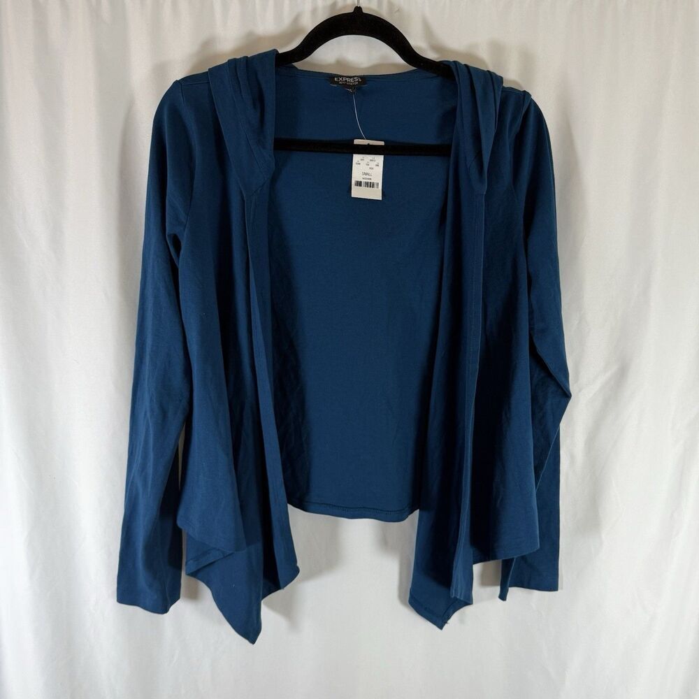 New Express Cardigan Women's Small Blue Sexy Stretch Long Sleeve Hooded Open Fro